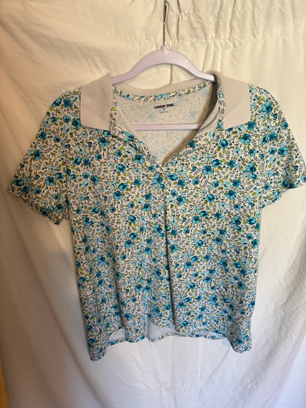 Lands' End Women's Teal and White Floral Button-Down Polo